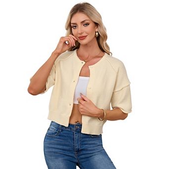 Women's Crew Neck Short Sleeve Button Knit Cardigan Sweater