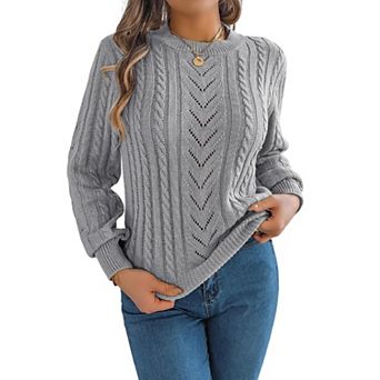 Women's Crew Neck Hollow Out Long Sleeve Pullover Knit Top