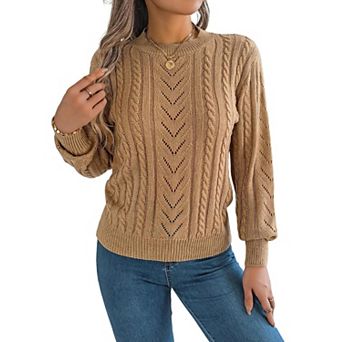Women's Crew Neck Hollow Out Long Sleeve Pullover Knit Top