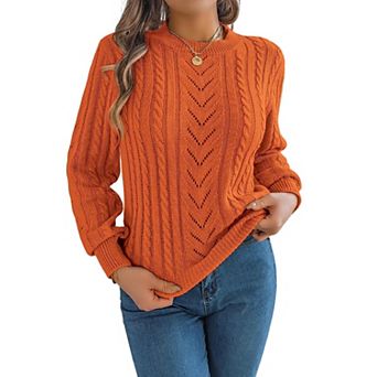 Women's Crew Neck Hollow Out Long Sleeve Pullover Knit Top