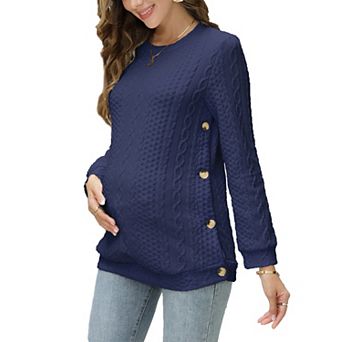 Women's Maternity Long Sleeve Crew Neck Pullover Side Button Sweater