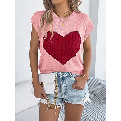 Women's Crew Neck Short Sleeve Knit Pullover Top with Heart Pattern