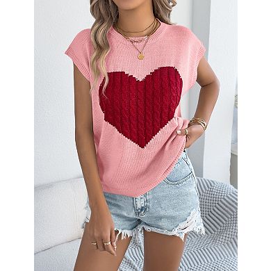 Women's Crew Neck Short Sleeve Knit Pullover Top with Heart Pattern