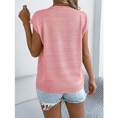 Women's Crew Neck Short Sleeve Knit Pullover Top with Heart Pattern