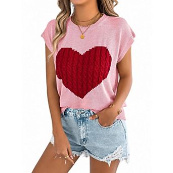 Women's Crew Neck Short Sleeve Knit Pullover Top with Heart Pattern