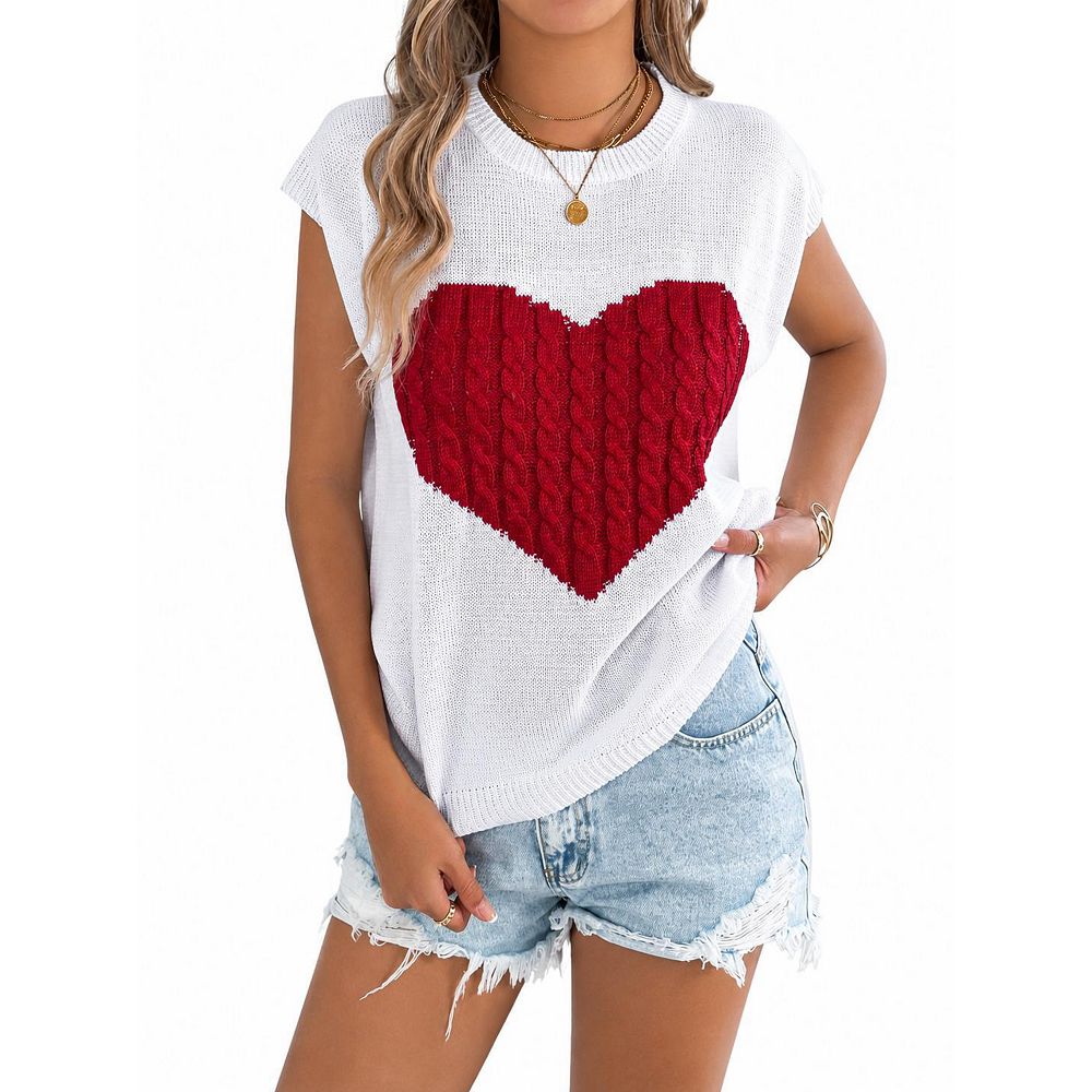 Women's Crew Neck Short Sleeve Knit Pullover Top with Heart Pattern