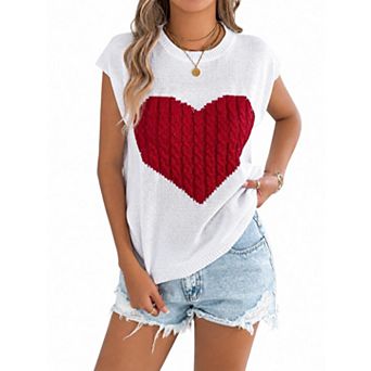 Women's Crew Neck Short Sleeve Knit Pullover Top with Heart Pattern
