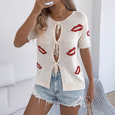 Women's Short Sleeve Cardigan Sweater Lightweight Tie Front Knit Top
