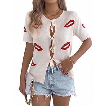 Women's Short Sleeve Cardigan Sweater Lightweight Tie Front Knit Top