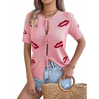 Women's Short Sleeve Cardigan Sweater Lightweight Tie Front Knit Top