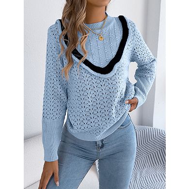 Women's Long Sleeve Crew Neck Pullover Sweater Lightweight Hollow Out Knit