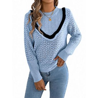 Women's Long Sleeve Crew Neck Pullover Sweater Lightweight Hollow Out Knit