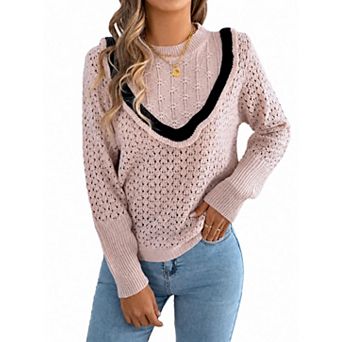 Women's Long Sleeve Crew Neck Pullover Sweater Lightweight Hollow Out Knit