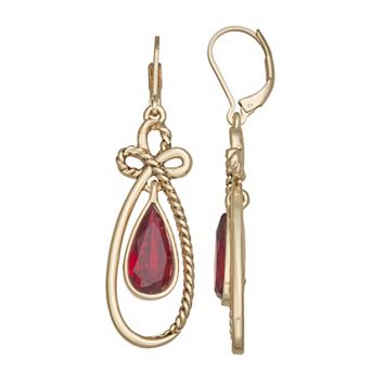 Napier Gold-Tone Red Teardrop Bow Leverback Drop Earrings