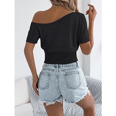 Women's Off Shoulder Short Sleeve Pullover Sweater Hollow Out Knit Top