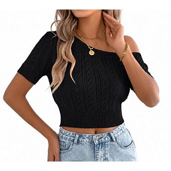 Women's Off Shoulder Short Sleeve Pullover Sweater Hollow Out Knit Top
