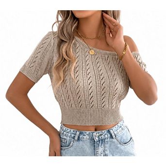 Women's Off Shoulder Short Sleeve Pullover Sweater Hollow Out Knit Top