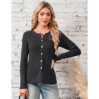 Women's Long Sleeve Crew Neck Button Cardigan Lightweight
