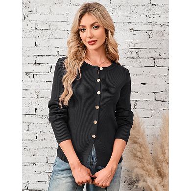 Women's Long Sleeve Crew Neck Button Cardigan Lightweight