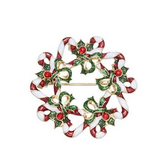 Napier Gold-Tone Enamel Candy Cane Wreath Pin
