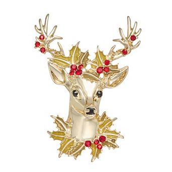 Napier Gold-Tone Holly Reindeer Pin
