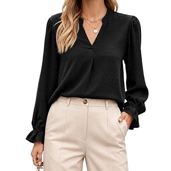 Womens Tops Swiss Dot Boho Long Sleeve Shirts V Neck Casual Chiffon Blouses Dressy Tops