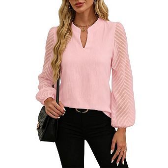 Womens Tops Dressy Casual Crew Neck Lantern Long Sleeve Work Shirts Chiffon Blouses Fashion