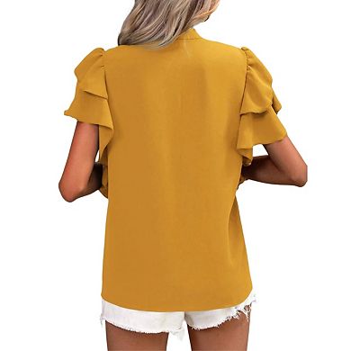 Womens Summer Tops Casual V Neck Ruffle Cap Sleeve Blouse Shirts Solid Color Tunic Tops