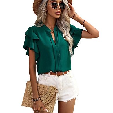 Womens Summer Tops Casual V Neck Ruffle Cap Sleeve Blouse Shirts Solid Color Tunic Tops