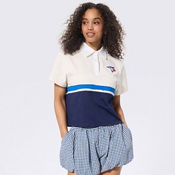 Women's Terez Cream Toronto Blue Jays Cropped Rugby Polo