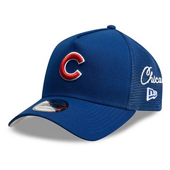 Men's New Era Royal Chicago Cubs Side Script 9FORTY A-Frame Trucker Adjustable Hat