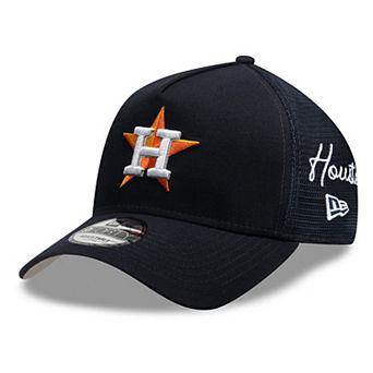 Men's New Era Navy Houston Astros Side Script 9FORTY A-Frame Trucker Adjustable Hat