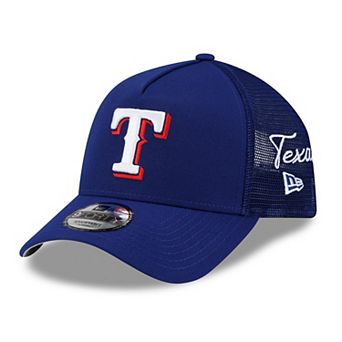 Men's New Era Royal Texas Rangers Side Script 9FORTY A-Frame Trucker Adjustable Hat