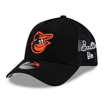 Men's New Era Black Baltimore Orioles Side Script 9FORTY A-Frame Trucker Adjustable Hat