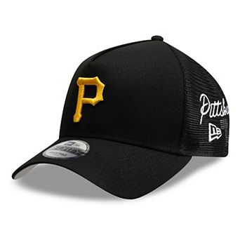 Men's New Era Black Pittsburgh Pirates Side Script 9FORTY A-Frame Trucker Adjustable Hat