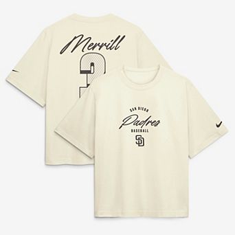 Women's Nike Jackson Merrill Cream San Diego Padres Premium Essentials Boxy Name & Number T-Shirt