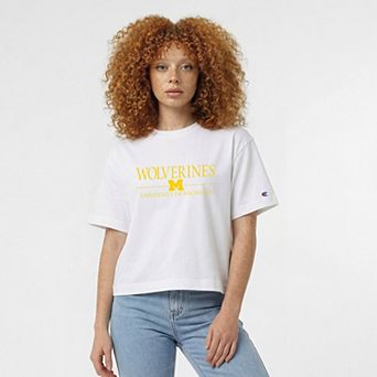 Women's Champion White Michigan Wolverines Waist Length Wordmark T-Shirt
