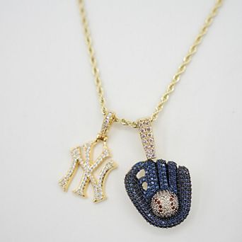 "GLD New York Yankees 18K Micro Pendant & Iced Baseball Mitt on 18"" Rope Chain"