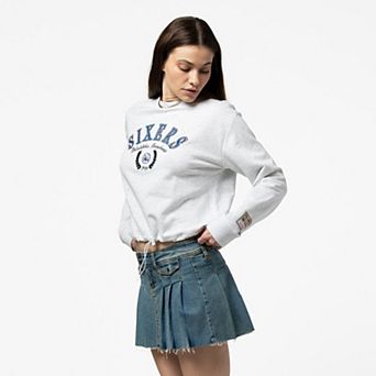 Women's Mitchell & Ness Heather Gray Philadelphia 76ers Crop Fleece Toggle Crewneck