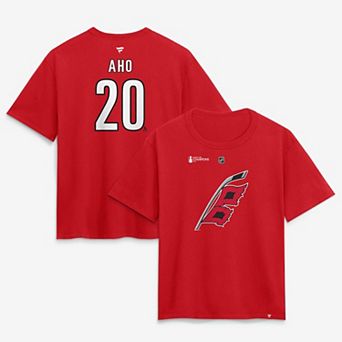 Women's Fanatics Sebastian Aho Red Carolina Hurricanes 2026 Stanley Cup Champions Authentic Stack Name & Number T-Shirt