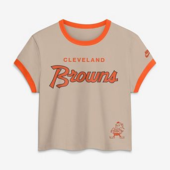 Women's Nike Cream Cleveland Browns Rewind Ringer Mod Cropped T-Shirt