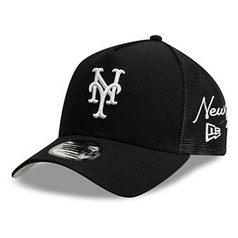 Men's New Era Black New York Mets Side Script 9FORTY A-Frame Trucker Adjustable Hat