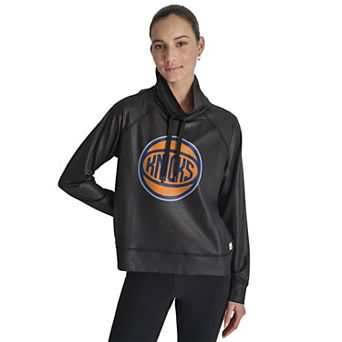 Women's DKNY Black New York Knicks Honeycomb Mesh Funnel Neck Long Sleeve Top