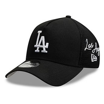 Men's New Era Black Los Angeles Dodgers Side Script 9FORTY A-Frame Trucker Adjustable Hat