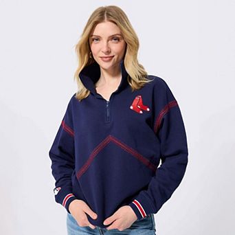 Women's Terez Navy Boston Red Sox Baseball Stitch Quarter-Zip Pullover