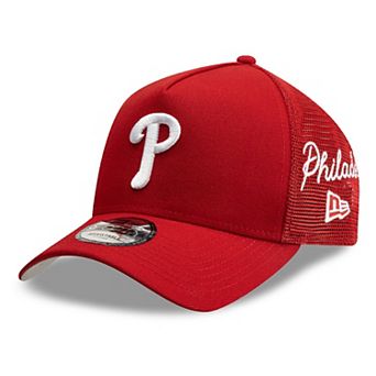 Men's New Era Red Philadelphia Phillies Side Script 9FORTY A-Frame Trucker Adjustable Hat