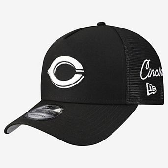 Men's New Era Black Cincinnati Reds Side Script 9FORTY A-Frame Trucker Adjustable Hat
