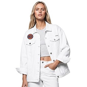 Women's DKNY White New York Knicks Oversized Denim Trucker Jacket