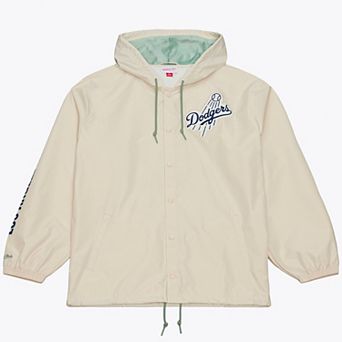 Men's Mitchell & Ness Fernando Valenzuela Cream Los Angeles Dodgers Full-Snap Yacht Rock Name & Number Hooded Coach's Jacket