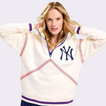 Women's Terez Cream New York Yankees Baseball Stitch Quarter-Zip Pullover